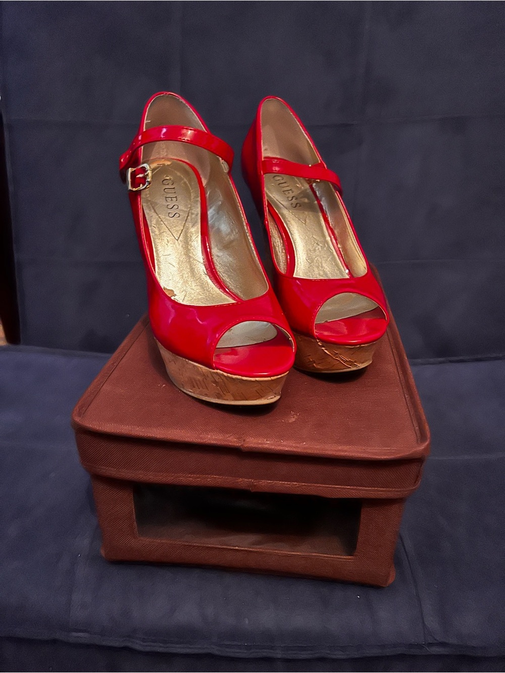 GUESS Red Patent Leather Platform Wedge Sandals size 7.5 but fit like 8